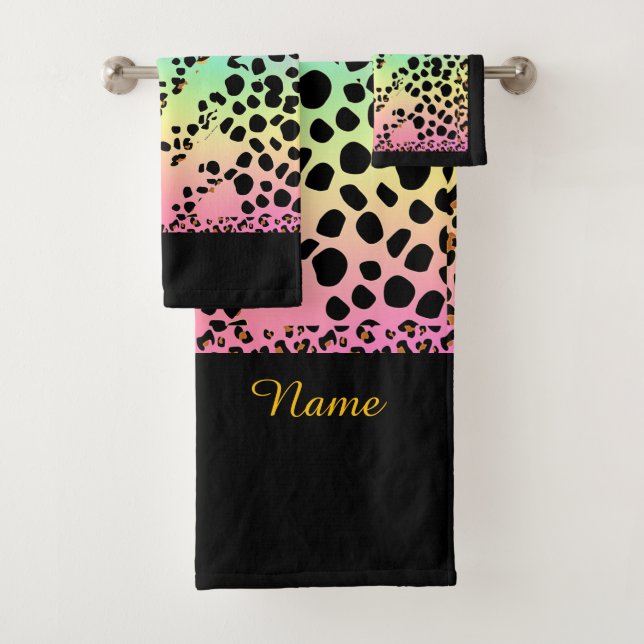 Personalize Faux Rainbow Leopard Animal Print  Bath Towel Set (Insitu)