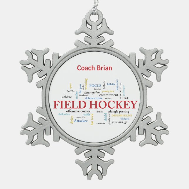 Personalize, Field Hockey Coach Thank You in Words Snowflake Pewter Christmas Ornament (Front)
