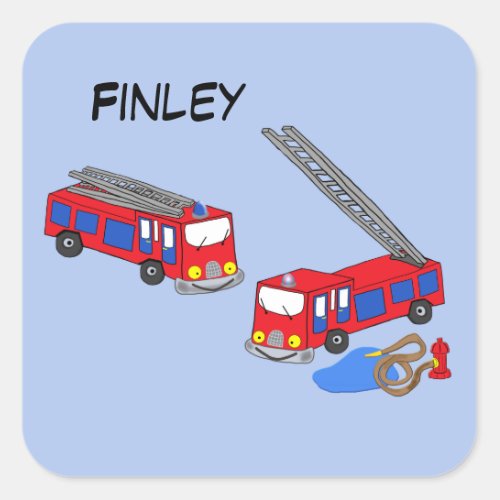 Personalize Firemans Red Fire Trucks Square Sticker