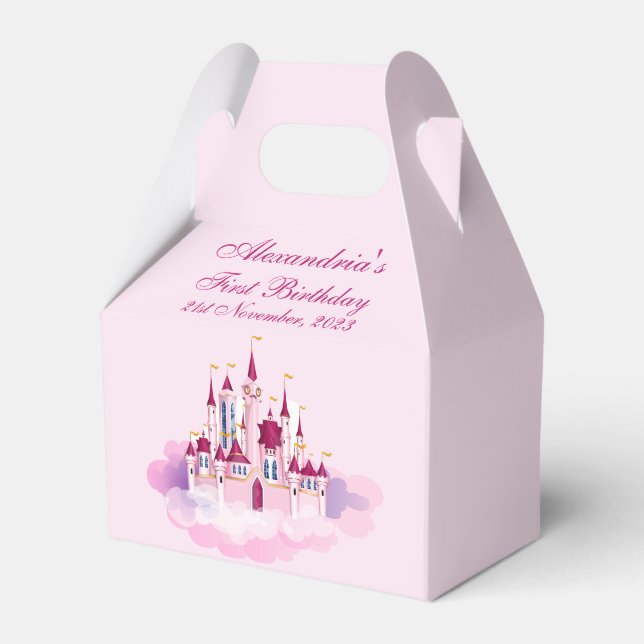 Personalize First Birthday Child Name Pink Castle Favor Boxes (Front Side)