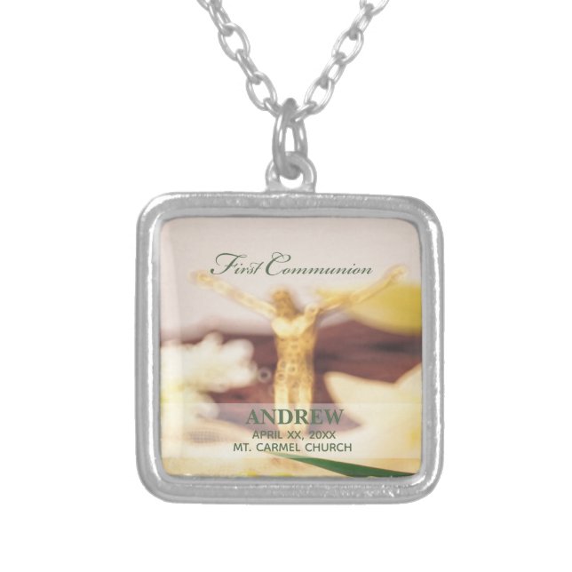 Personalize, First Communion Congratulations Silver Plated Necklace (Front)