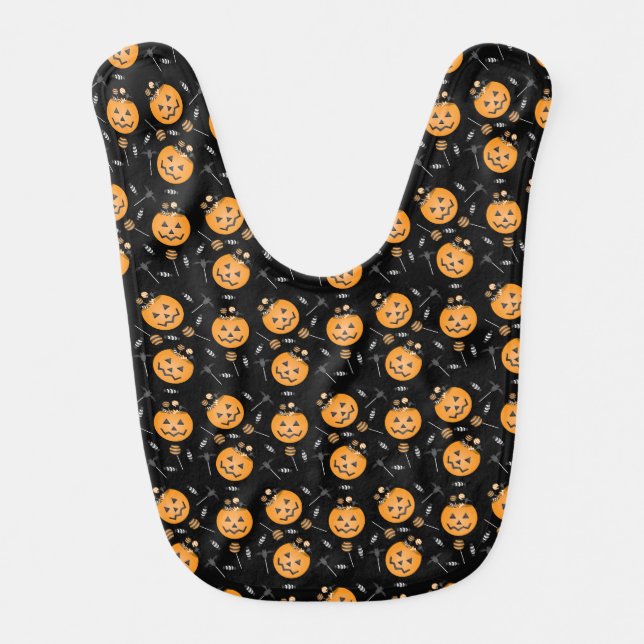 Personalize First Halloween Pumpkin Candy Bucket Baby Bib (Front)