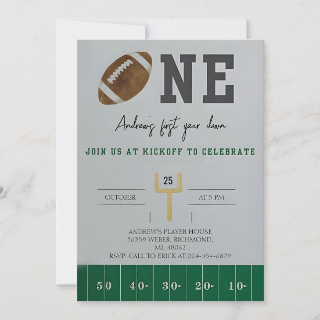 Personalize First Year Down American Football  Invitation (Front)