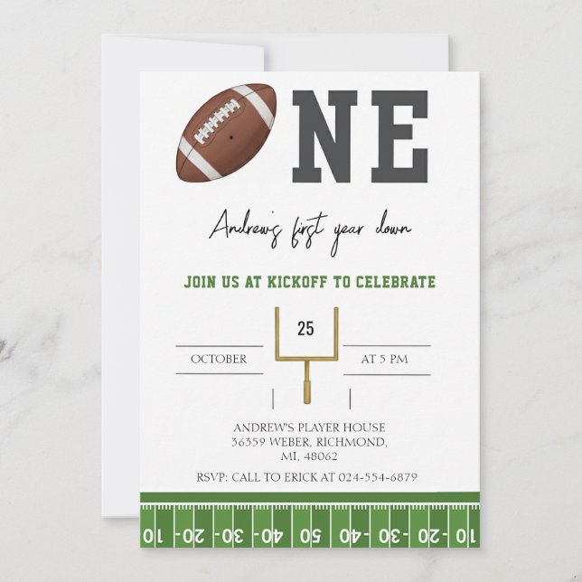 Personalize First Year Down American Football  Invitation (Front)