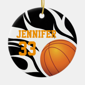Personalize Flaming Basketball B/W Ceramic Ornament