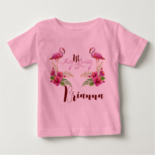 Personalize Flamingo Hibiscus Pink Girly Birthday Baby T-Shirt