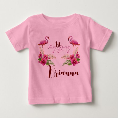 Personalize Flamingo Hibiscus Pink Girly Birthday Baby T_Shirt