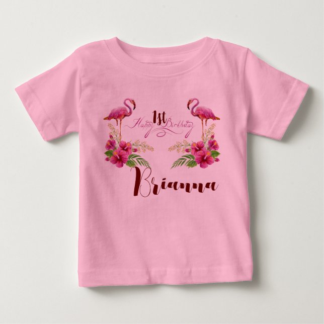 Personalize Flamingo Hibiscus Pink Girly Birthday Baby T-Shirt (Front)