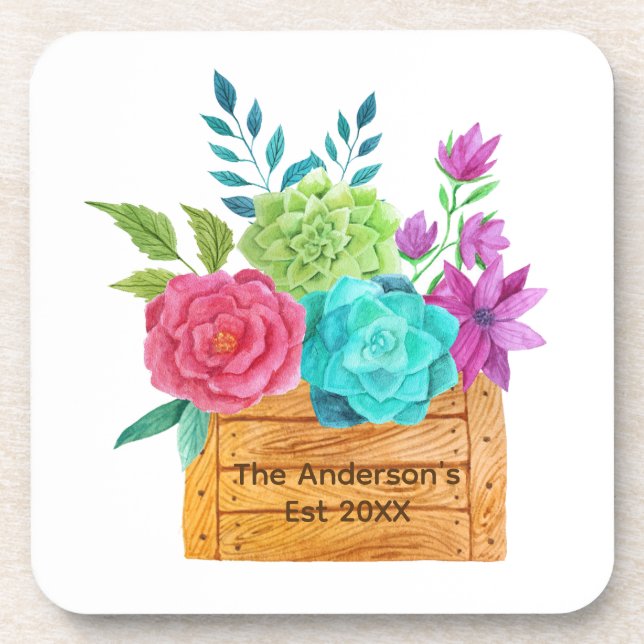 Personalize Floral Basket Pink Blue Green Flowers Beverage Coaster (Front)