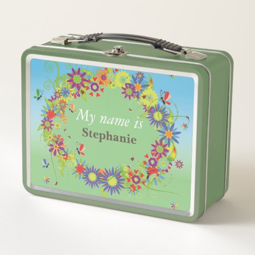 Personalize Floral Border Colorful Flowers Insects Metal Lunch Box