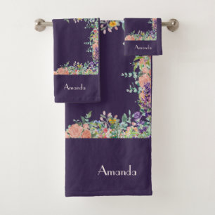 Personalize Floral Border on Purple Background Bath Towel Set
