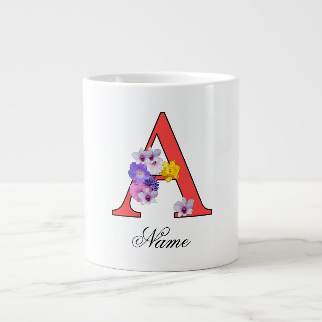 Personalize Floral Monogram A + Name  Giant Coffee Mug (Front)