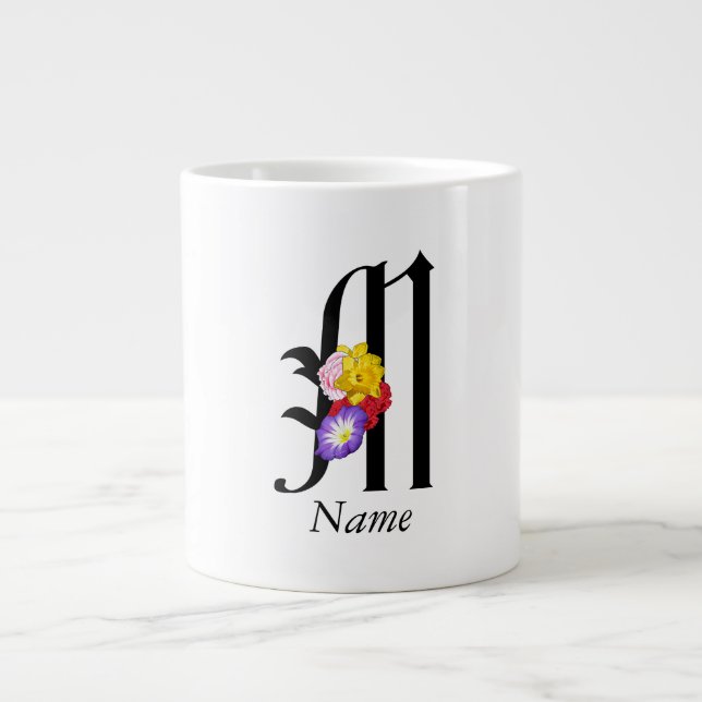 Personalize Floral Monogram M + Name  Giant Coffee Mug (Front)