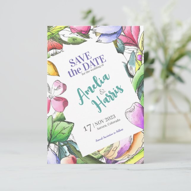 Personalize Floral Outlined Save The Date (Standing Front)