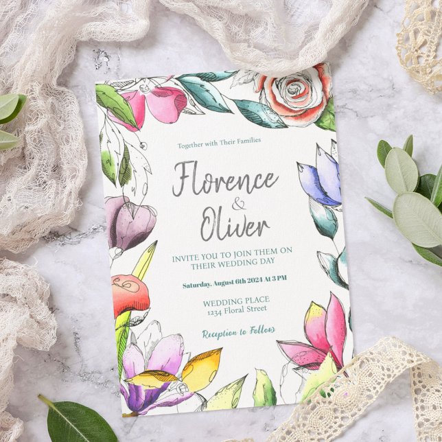 Personalize Floral Outlined Wedding Invitation (Creator Uploaded)