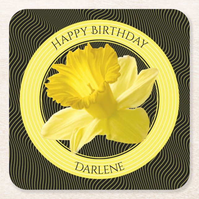 Personalize:  Floral Photography Yellow Daffodil Square Paper Coaster (Front)