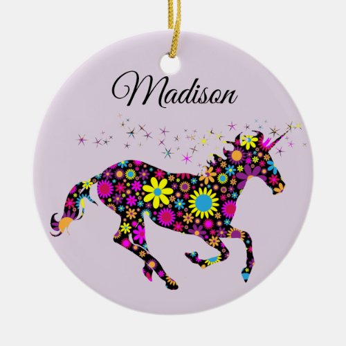 Personalize Floral Unicorn With Name Ceramic Ornament