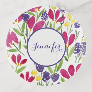Personalize Flowers Watercolors Pink Purple Yellow Trinket Tray