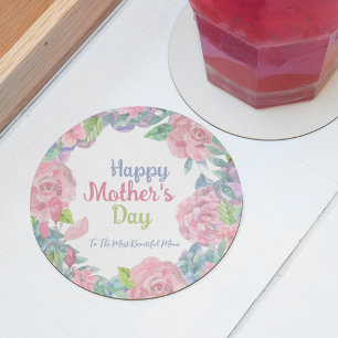 Personalize Flowery Watercolor Mother's Day Round Paper Coaster
