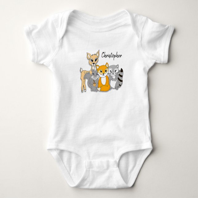 Personalize Forest Animals Woodland Creatures Baby Bodysuit (Front)