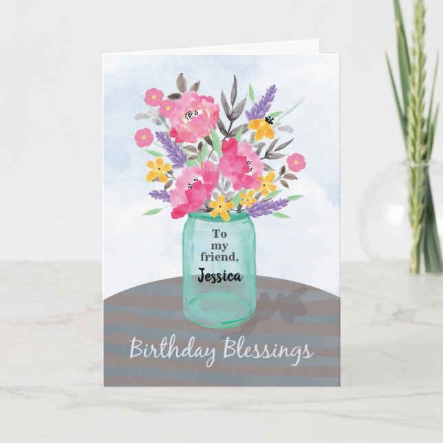 Personalize Friend Name Birthday Blessings Jar Card (Front)