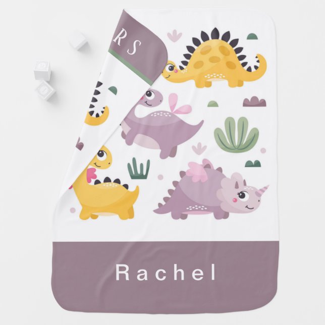 Personalize Friendly Dinosaurs in a Landscape Girl Baby Blanket (In Situ)
