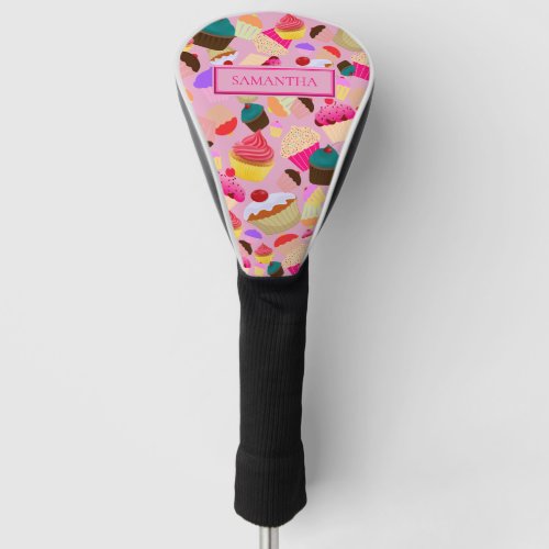 Personalize  Fun Bright Pink Cupcake Golf Head Cover