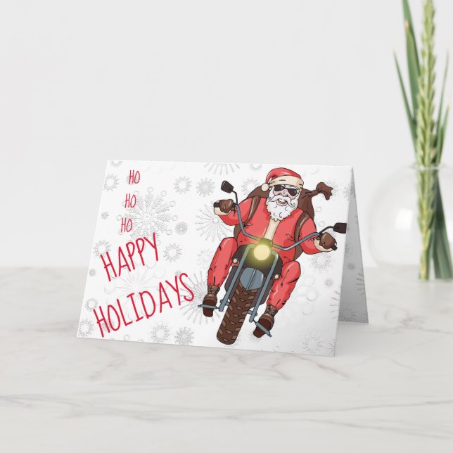 Personalize Fun Motorcycle Biker Santa Custom Holiday Card (Front)
