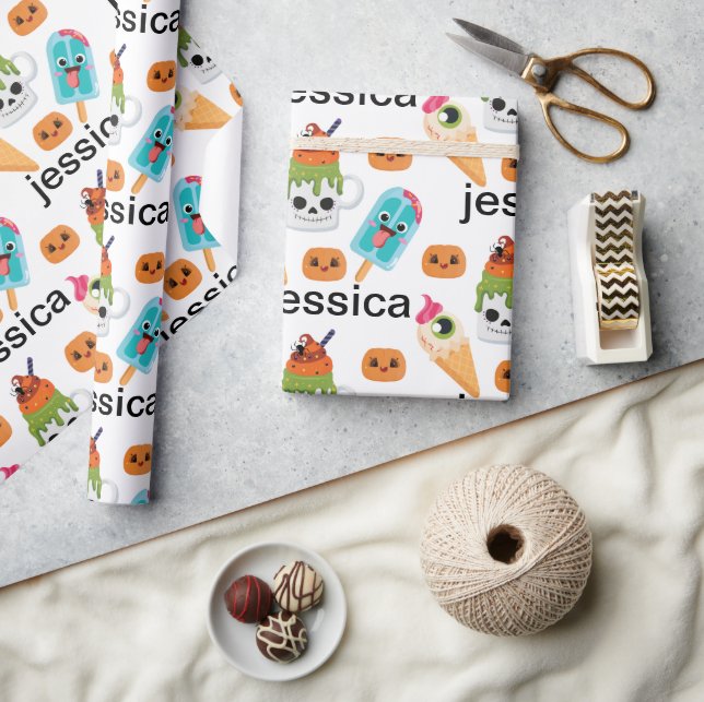 Personalize Funny Ice Cream & Pumpkins Pattern Wrapping Paper (Crafts)