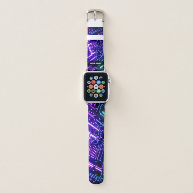 Personalize futuristic glowing neon lines gaming apple watch band (Front)