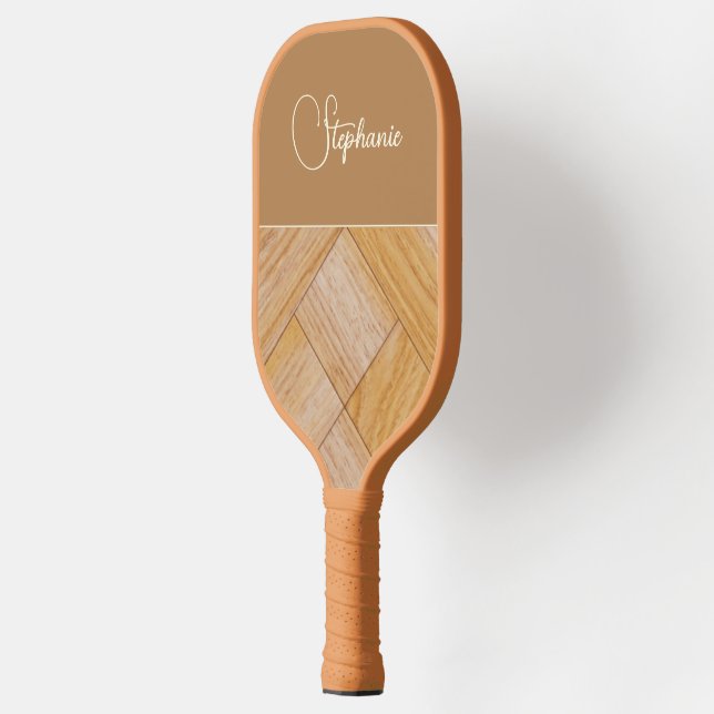 Personalize Geometric Pattern Brown Tan Gold Pickleball Paddle (Left)
