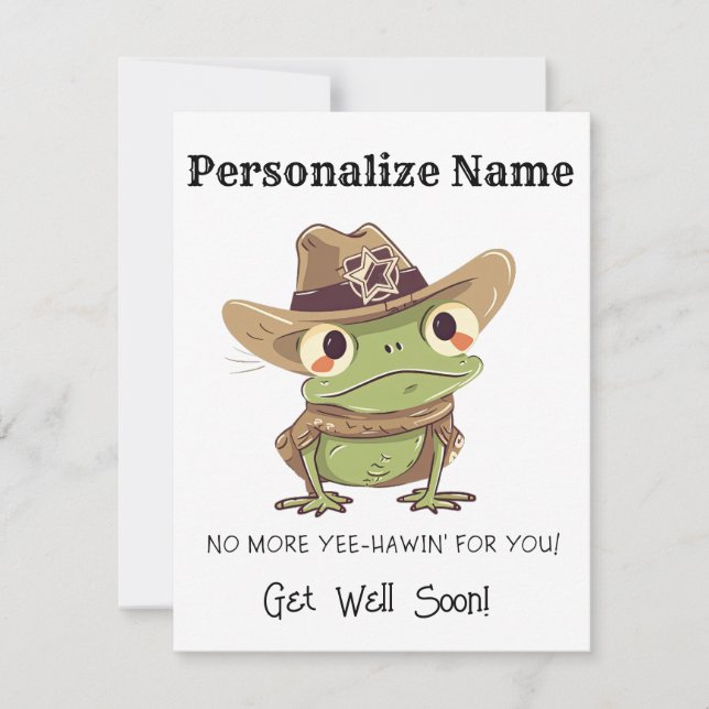 Personalize Get Well Cowboy Frog Western Yee Haw  Note Card (Front)