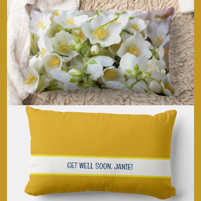 Personalize Get Well Soon Coworker Jasmine Flowers Lumbar Pillow (Elegant, modern personalized name Get Well Soon floral pillow. Jasmine flowers photo. Burnt yellow)