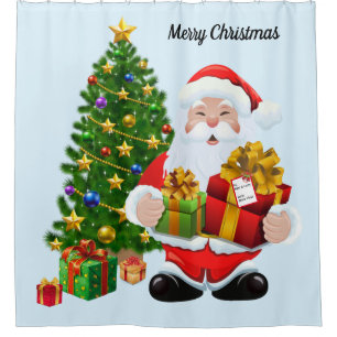Personalize Gift Tag Santa and Christmas Tree Show Shower Curtain