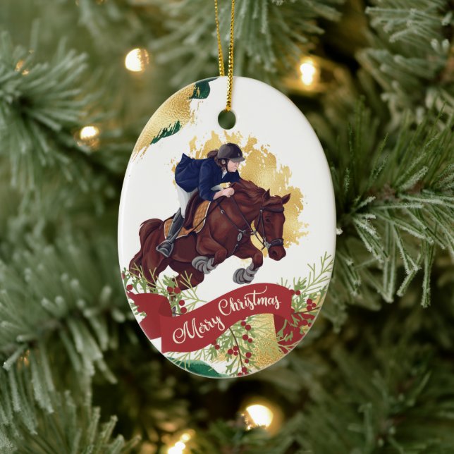 Personalize Girl and Horse Jumping Christmas Ceramic Ornament (Tree)