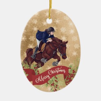 Personalize Girl and Horse Jumping Merry Christmas Ceramic Ornament