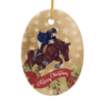 Personalize Girl and Horse Jumping Merry Christmas Ceramic Ornament