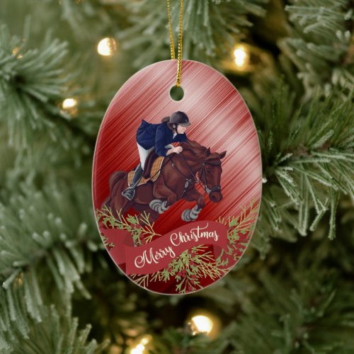 Personalize Girl and Horse Jumping Red Christmas Ceramic Ornament