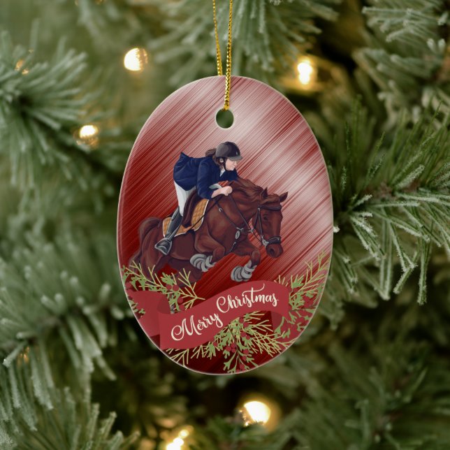 Personalize Girl and Horse Jumping Red Christmas Ceramic Ornament (Tree)