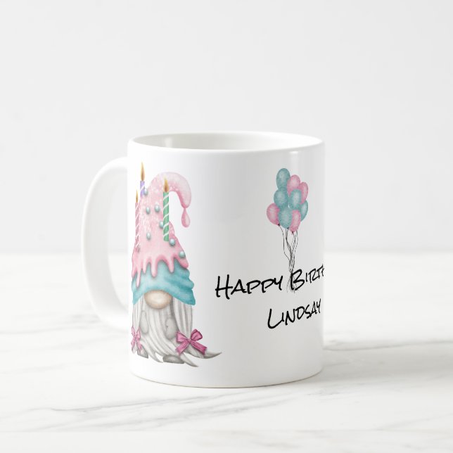 Personalize Girl Gnome Pink Blue Birthday Candle Coffee Mug (Front Left)