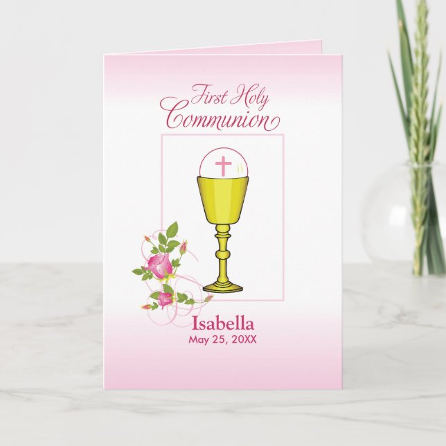 Personalize Girl Name Pink First Holy Communion, C Card (Front)