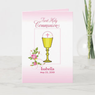 Personalize Girl Name Pink First Holy Communion, C Card