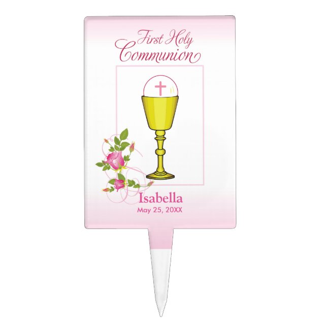 Personalize Girl Name Pink First Holy Communion Cake Topper (Front)