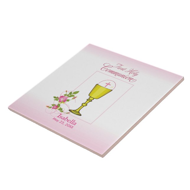 Personalize Girl Name Pink First Holy Communion Ceramic Tile (Side)