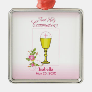 Personalize Girl Name Pink First Holy Communion Metal Ornament