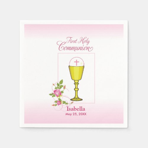 Personalize Girl Name Pink First Holy Communion Paper Napkins