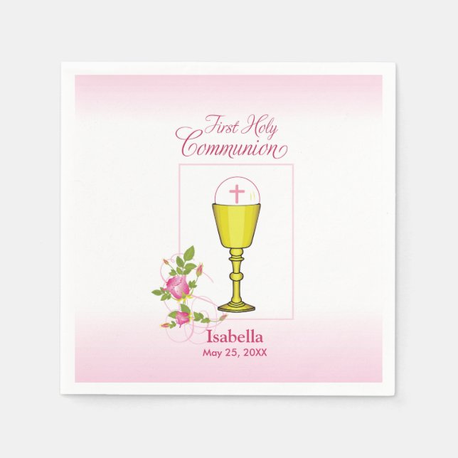 Personalize Girl Name Pink First Holy Communion Paper Napkins (Front)