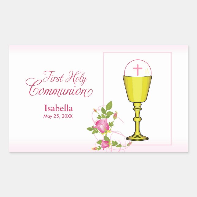 Personalize Girl Name Pink First Holy Communion Rectangular Sticker (Front)