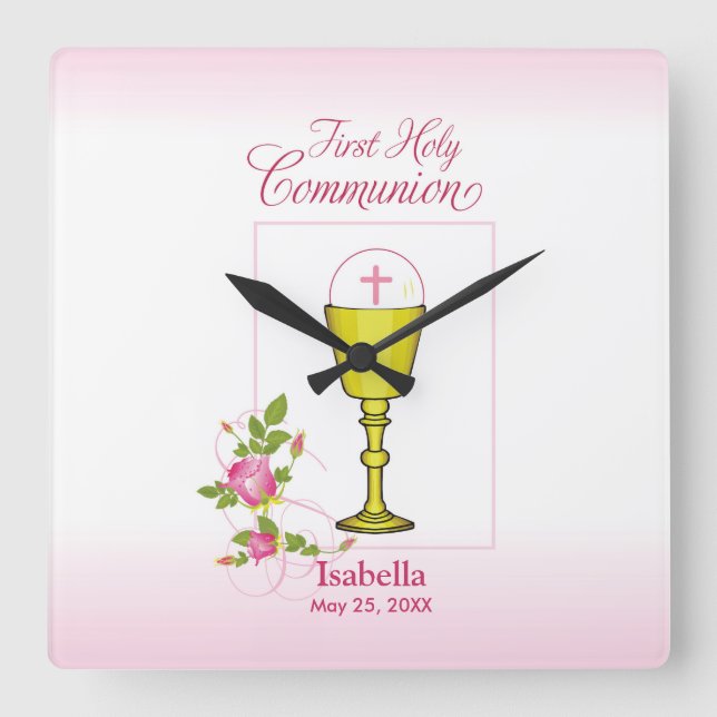 Personalize Girl Name Pink First Holy Communion Square Wall Clock (Front)