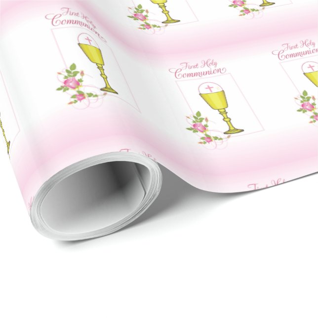 Personalize Girl Name Pink First Holy Communion Wrapping Paper (Roll Corner)